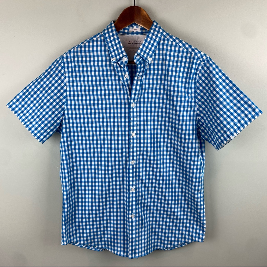 Men’s Denim & Flower Blue Gingham Slim Fit Stretch Short Sleeve Button Down Med.